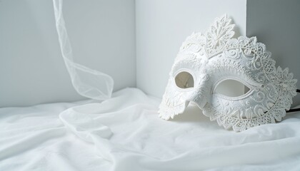 White lace masquerade mask on soft fabric background