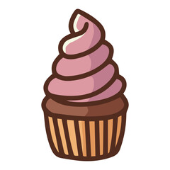 A pink cupcake with swirl frosting, ideal for dessert illustrations, party themes, and festive designs.
