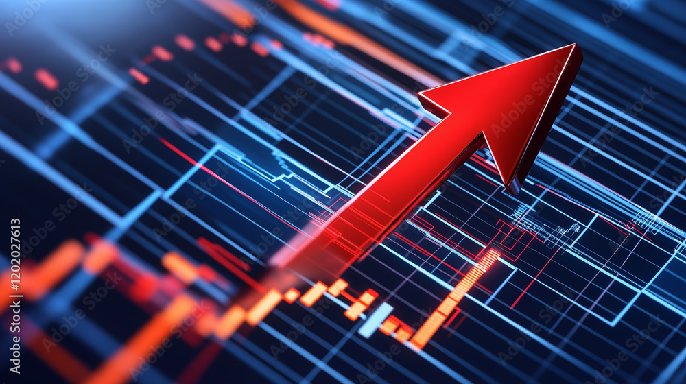 Poster a close-up of a red arrow symbolizing growth on a digital stock market screen with data.