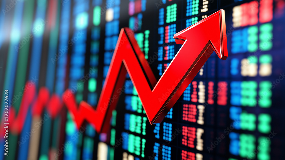 Poster a close-up of a red arrow symbolizing growth on a digital stock market screen with data.