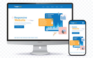 Responsive Web Design with Desktop Computer Screen and Mobile Phone Vector Illustration on Transparent Background.