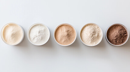 A set of six bowls filled with different types of powders, including white, beige, and brown.