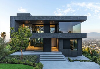 Fototapeta premium Modern Black Minimalist House with Expansive Glass Windows Overlooking a Scenic City View Surrounded by Lush Green Landscape at Sunrise