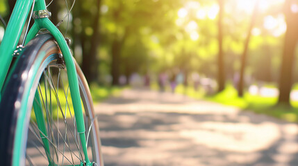 Naklejka premium A close-up of turquoise bicycles parked in a sunny park with a green landscape in the background.