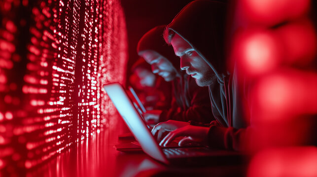 A group of people wearing hoods and working on laptops surrounded by red lights, symbolizing hacking.