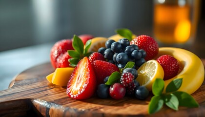 a wooden cutting board topped with sliced fruit
