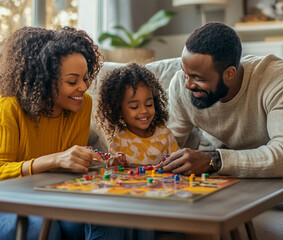 black family mom dad and daughter enjoying table games in their living room, sitting in a comfortable couch 