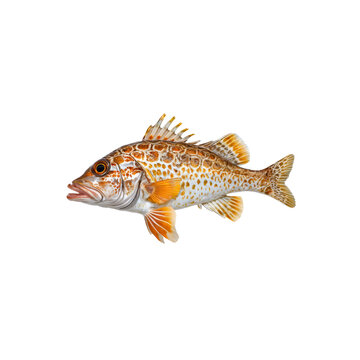Yellowbelly Rockcod Close-up: A detailed view of a yellowbelly rockcod, showcasing its vibrant orange and white speckled body, prominent fins, and open mouth.  