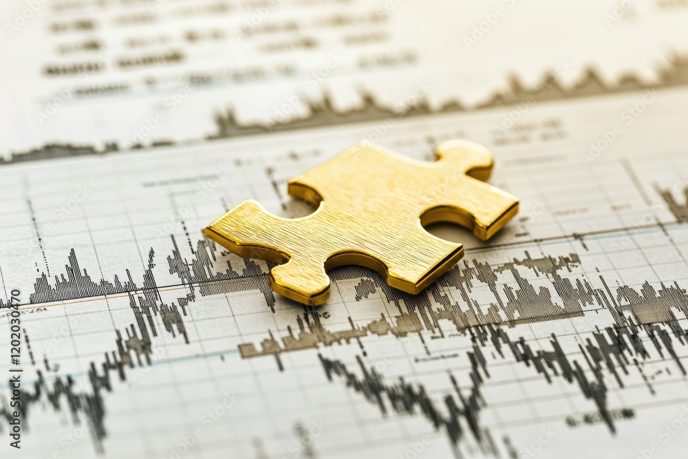 Poster a golden puzzle piece rests on a financial graph, symbolizing the connection between problem-solving