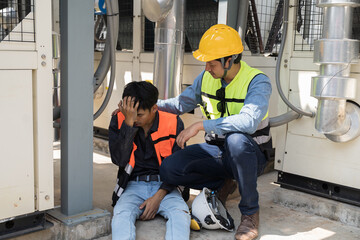 Asian male worker have accident at construction site. Construction builder worker feeling sick,...