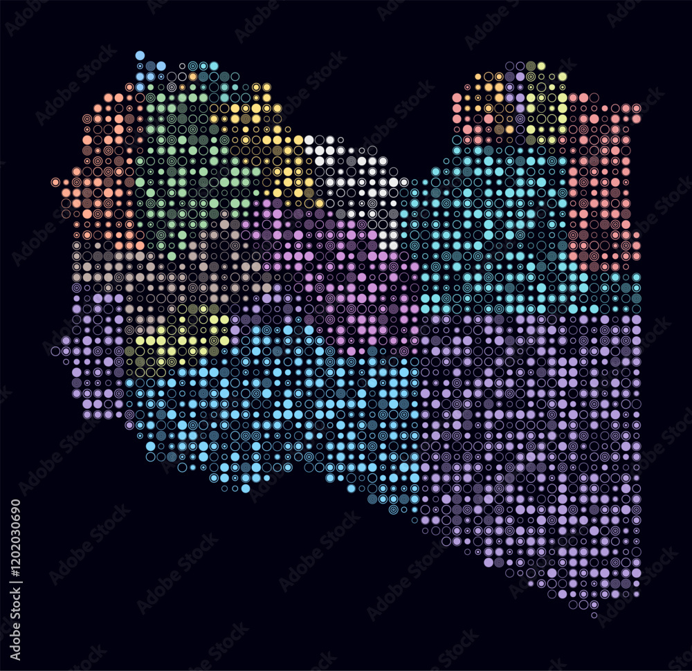 Poster libya, shape of the country built of colored cells. digital style map of libya on dark background. s