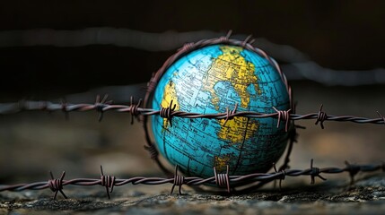A globe surrounded by barbed wire symbolizes constraints and challenges faced by our world today. This striking image evokes feelings of confinement and urgency