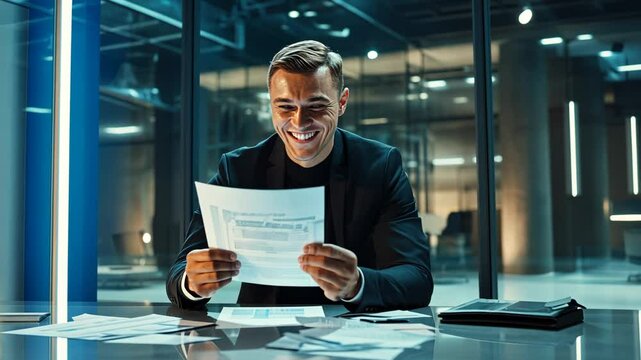 A young businessman is sitting at the table and laughing while he hands over documents to his female marketing director in an office with glass walls. 