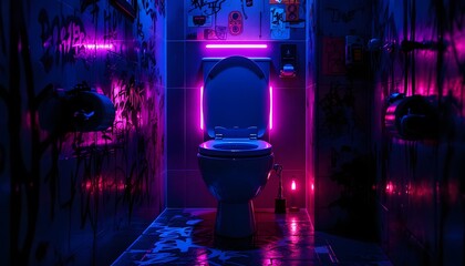 Neon-Lit Toilet in Graffiti-Covered Bathroom: Cyberpunk Aesthetic