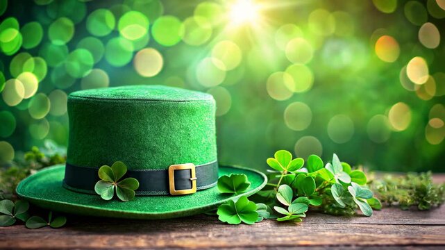 Green shamrock hat with clover leave on wooden table with green bokeh background, St. Patrick's Day holiday concept	