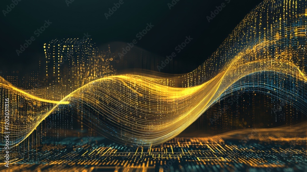 Poster abstract digital waves with glowing golden lines and data patterns against a dark background, symbol
