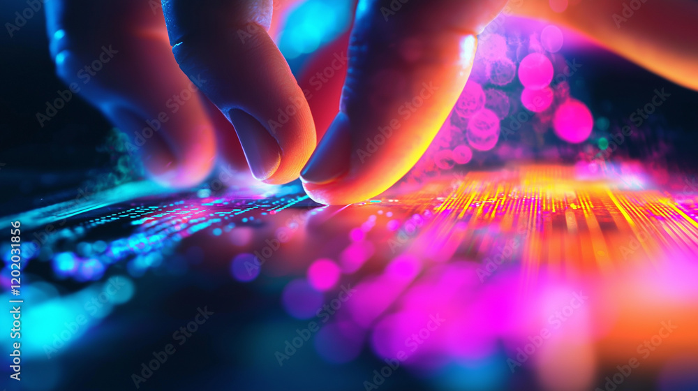 Poster a hand pressing colorful keys on a glowing keyboard with bright lights in the background.