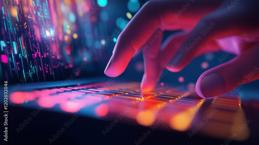 Poster a hand pressing colorful keys on a glowing keyboard with bright lights in the background.
