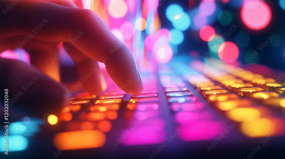 Poster a hand pressing colorful keys on a glowing keyboard with bright lights in the background.