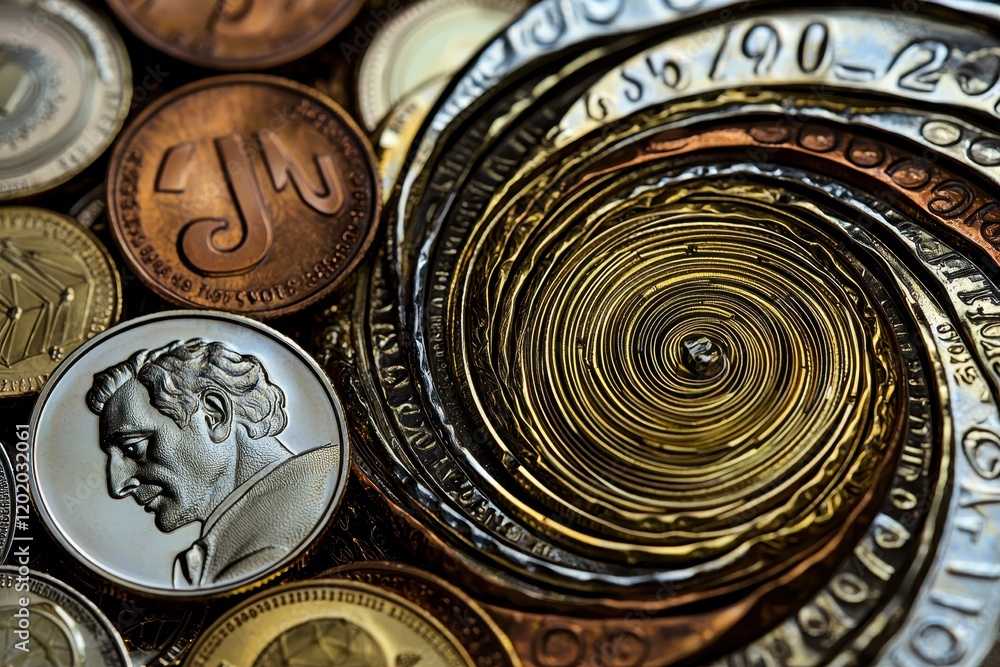 Poster A close-up image of various coins arranged in a spiral pattern, showcasing intricate designs and different denominations.