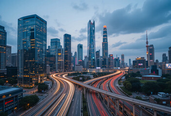 Shanghai Skyline at Dusk: Cityscape, Skyscrapers, and Traffic