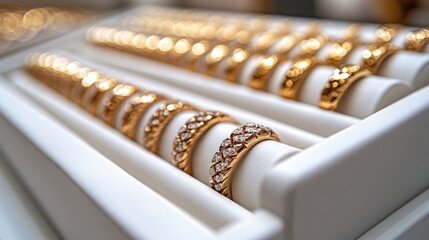 Gold rings with diamonds in display case.