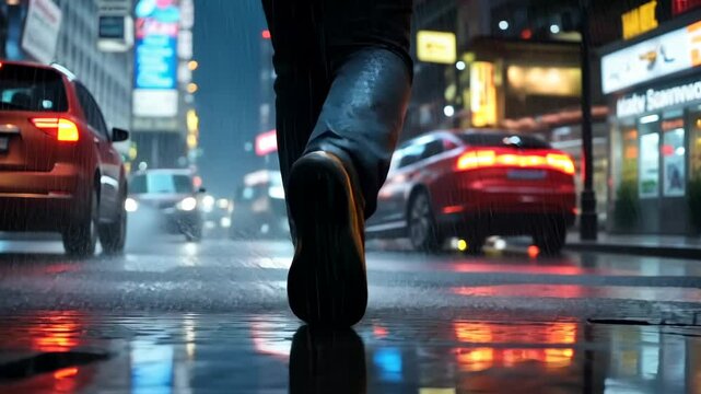 Close-up of running feet, a man in jeans and a black leather jacket with dark hair walking on the street at night in a cyberpunk city, with neon lights, smoke, rain, 