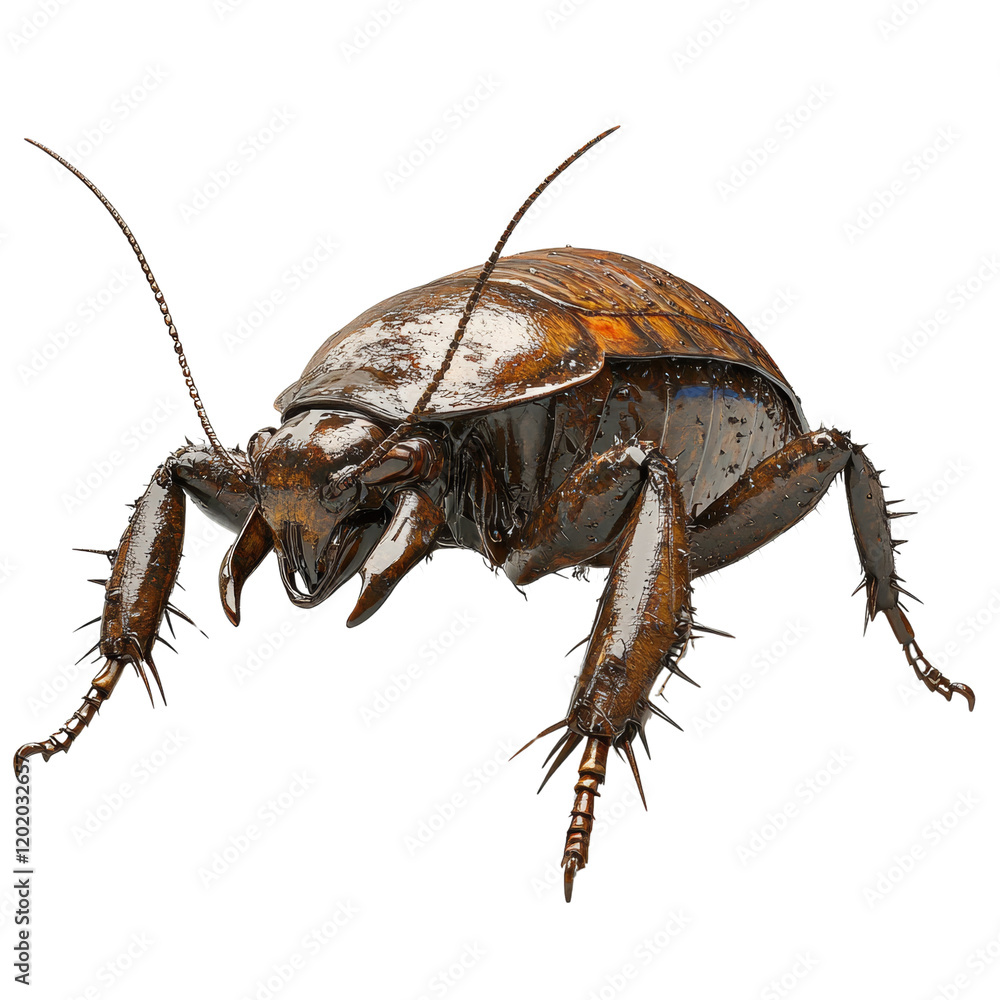 Poster a detailed 3d render showcases a spiny cockroach; its textured exoskeleton and spiny legs are promin