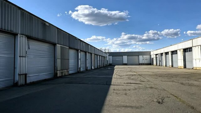 industrial building with gray steel doors and white metal cladding on one side of it. The buildings have several large garage door-style double-shuttered doors 