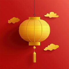Obraz premium Golden Chinese lantern hanging against a red background with clouds.