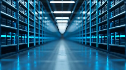 a long and narrow hallway filled with rows of blue servers. The hallway has fluorescent lights reflecting off of the shiny floor. The view is perspective, the background is not clear.