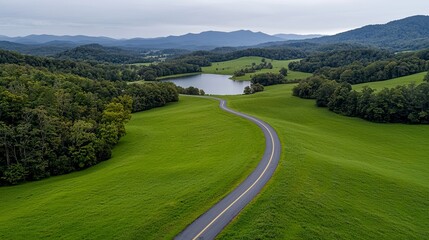 Randleman Lake inAs I soar over a peaceful lake landscape featuring a bridge, sunlight dances on the water, and clouds are clearly visible in the lake's mirror-like surface. The view is profoundly