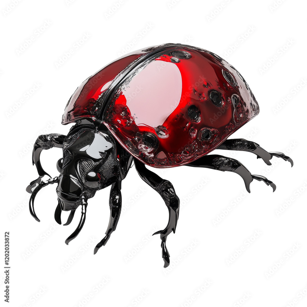 Poster A digital rendering of a stylized ladybug with a red shell and black metallic legs, presented against a white background.