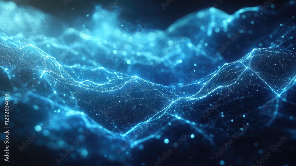 Poster a vibrant blue abstract representation of flowing waves, illuminated with glowing dots, evoking a se