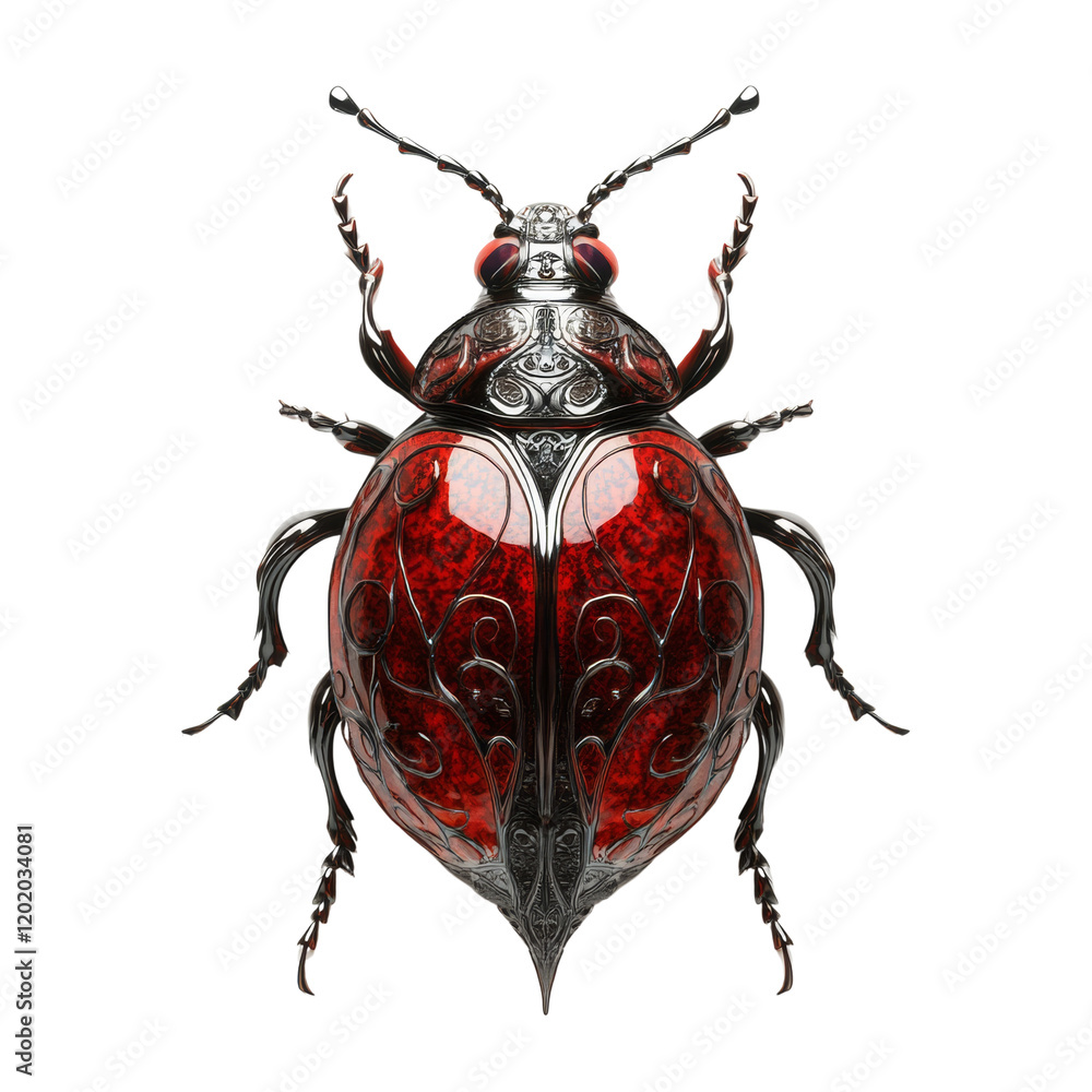 Poster a digitally rendered image showcases a meticulously detailed beetle with a red body and black metall