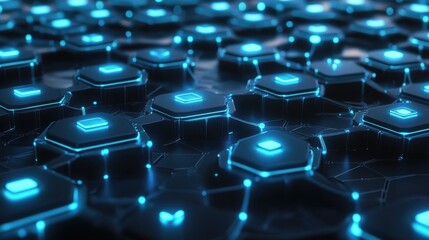 A close-up view of glowing hexagonal buttons, creating a futuristic and digital aesthetic with illuminated blue accents.