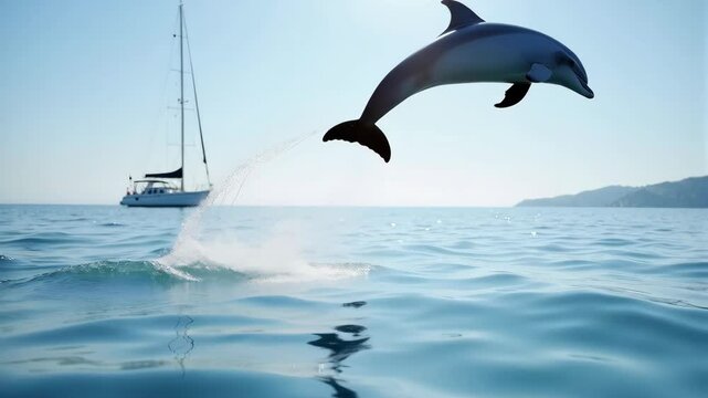 A dolphin leaps out of the water, with a sailboat in the background. The scene is serene and peaceful, with the dolphin's graceful movement and the boat's gentle swaying