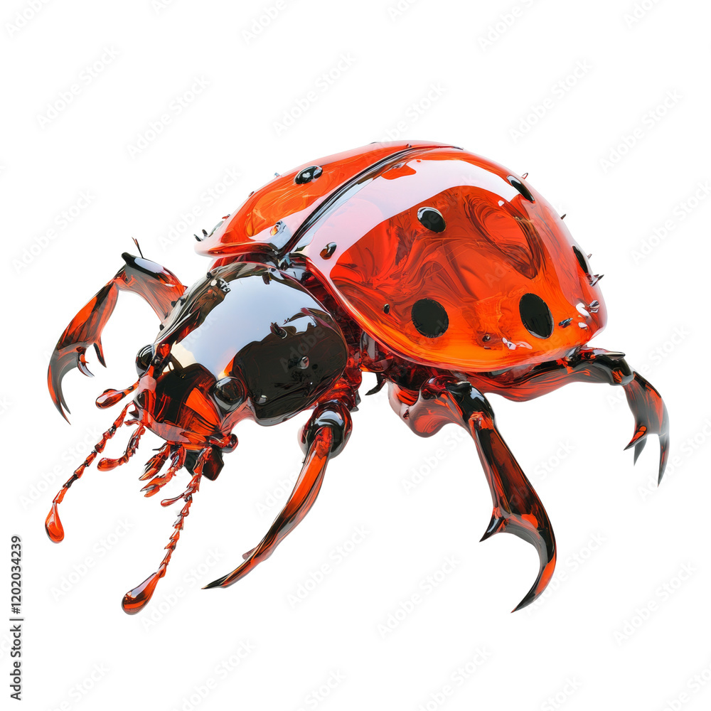 Poster a digitally rendered image showcases a three-dimensional glass ladybug with a vibrant red and black 