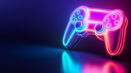 A neon-lit video game controller glowing in a dark space with vibrant lights.