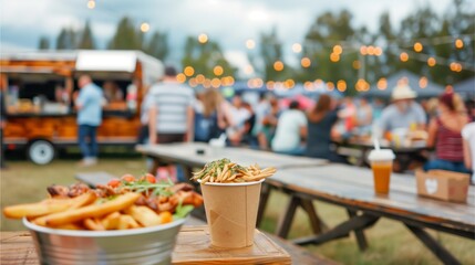 Fototapeta premium a delicious meal of fries and wings served at an outdoor food festival. There is a food truck in the background and a large crowd of people enjoying the day