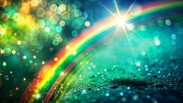 Green shining background with rainbow arch on bokeh with lights and sparklings, St. Patrick's day concept	