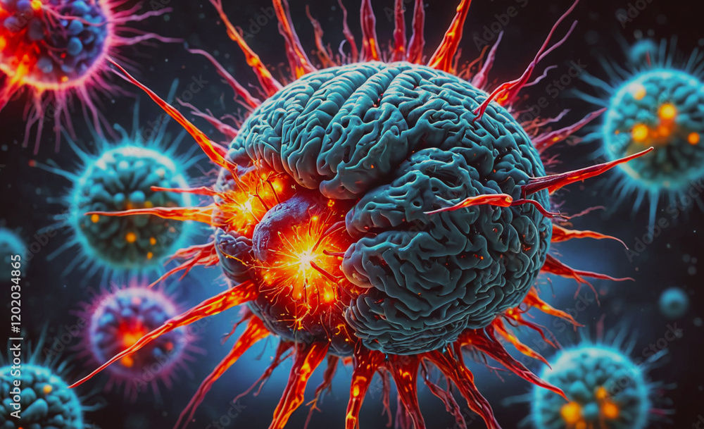 Poster A brain with red spikes and a red glowing eye. The brain is surrounded by other brains, some of which are also glowing red. Scene is intense and chaotic, with the brain being the central focus