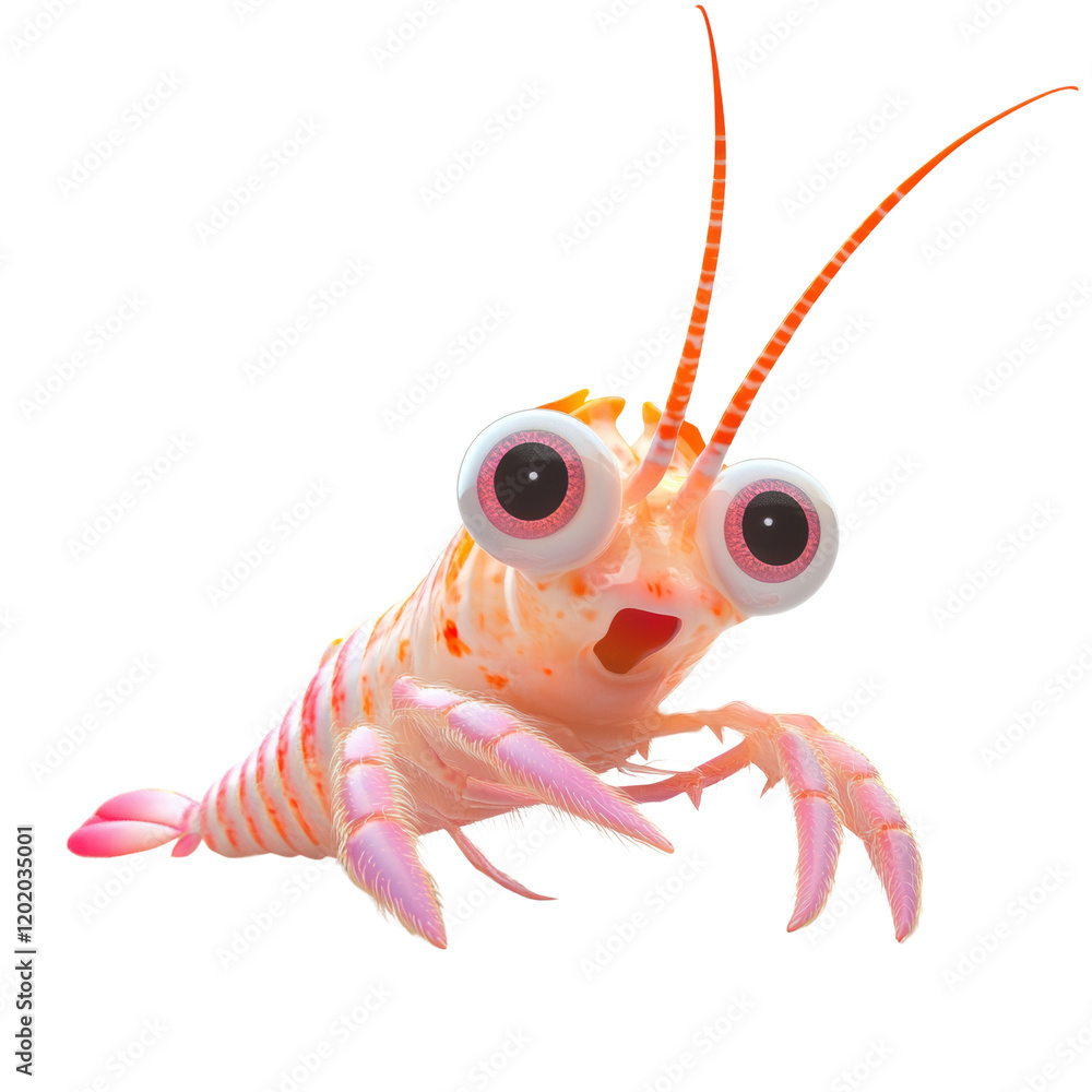 Aufkleber this is a digital rendering of a cute cartoon shrimp with oversized eyes and pink claws against a wh