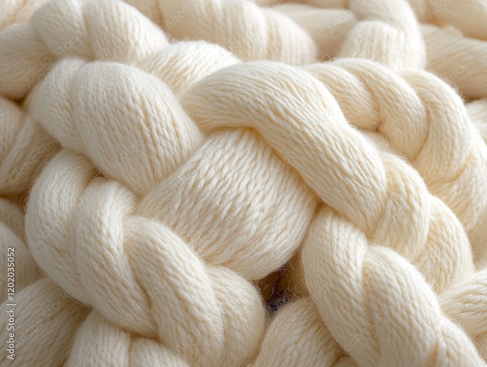 Aufkleber close up view reveals soft texture and large loops of chunky knitted blanket in warm cream color bea