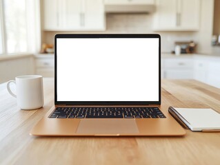 Fototapeta premium Modern mocha colored laptop showing blank screen on wooden table with coffee mug and notepads