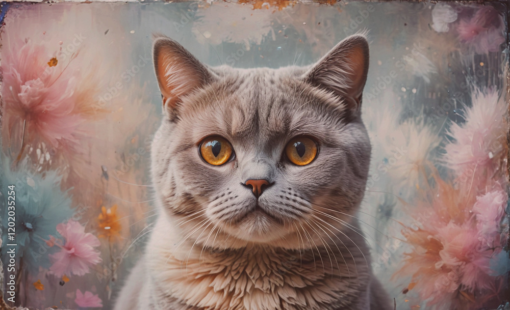 Poster a cat with a yellow nose and green eyes is staring at the camera. the cat is sitting in front of a c