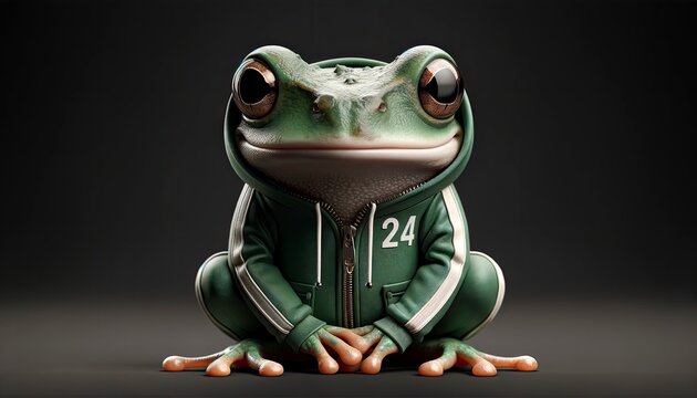 A frog dressed in a green jacket and a matching green hat, showcasing a whimsical and playful appearance.