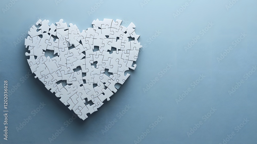 Poster puzzle pieces forming a heart symbolizing empathy and community connection in 3d