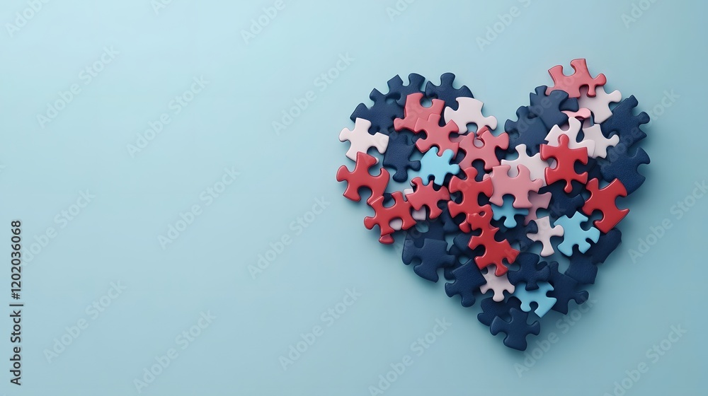 Poster puzzle pieces forming a heart symbolizing empathy and community connection in 3d