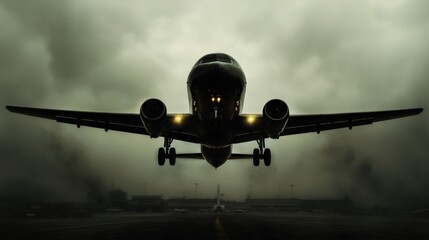 A vintage-style airplane making its final approach to a historic airport, evoking nostalgia with muted tones